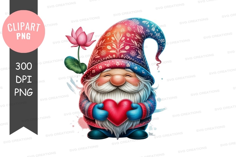 Whimsical gnome holding a heart