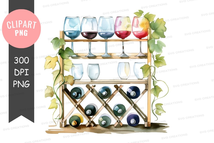 Wine glasses and bottles on a wooden rack