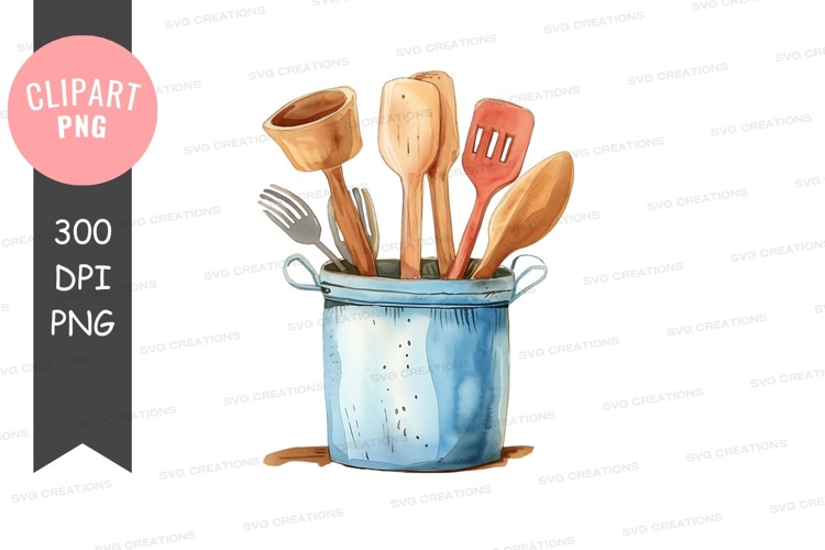 Kitchen utensils in a bucket