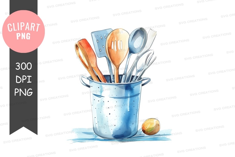 Kitchen utensils in a blue pot