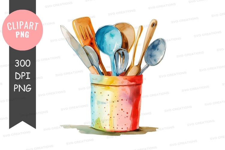 Colorful kitchen utensils in a caddy