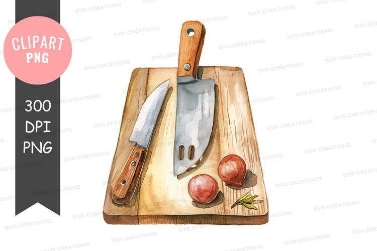 Wooden cutting board with knives and tomatoes