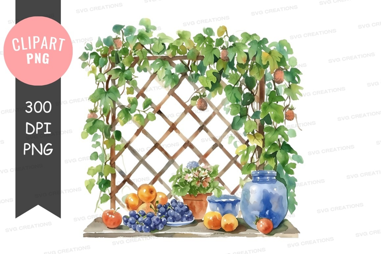 Verdant vine trellis with fruits