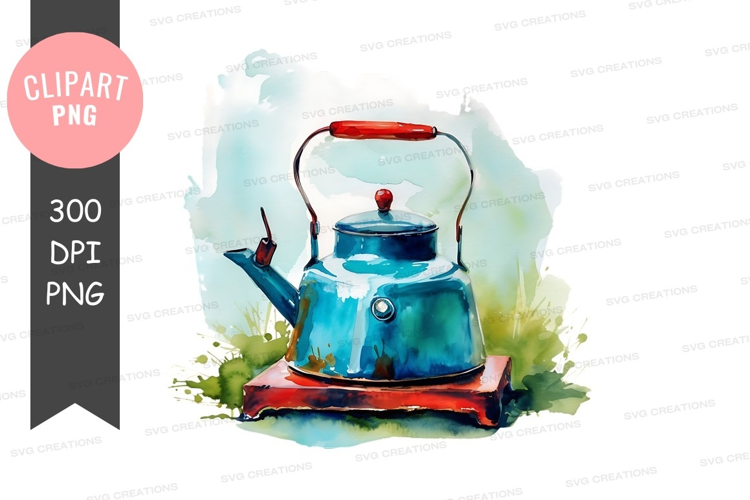 Vintage blue teakettle on stove