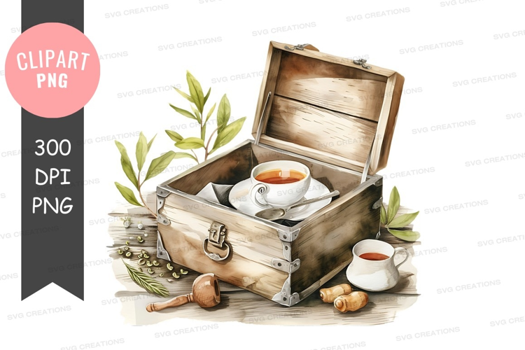 Cozy tea time in a wooden chest