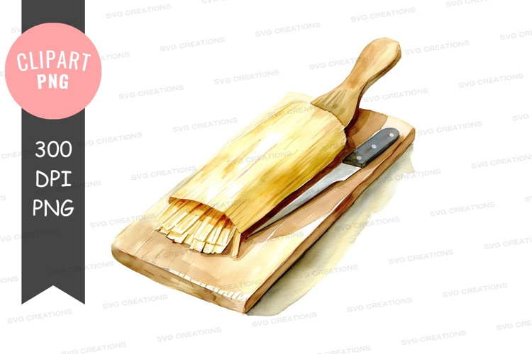 Wooden rolling pin and knife on a cutting board