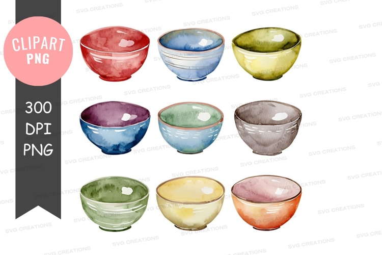 Colorful ceramic bowls clipart png