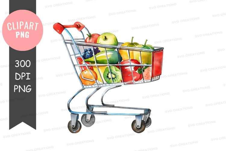 Shopping cart filled with fresh fruits and vegetables