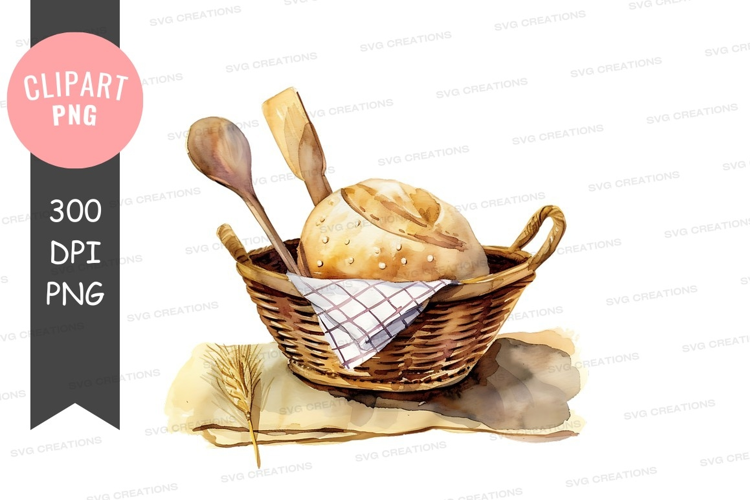 Basket of bread with wooden spoons