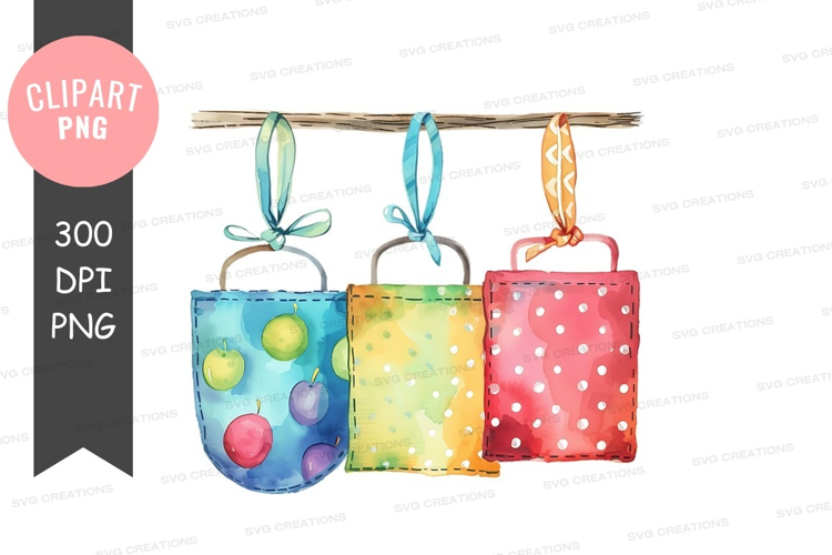 Colorful fabric bags hanging from a branch