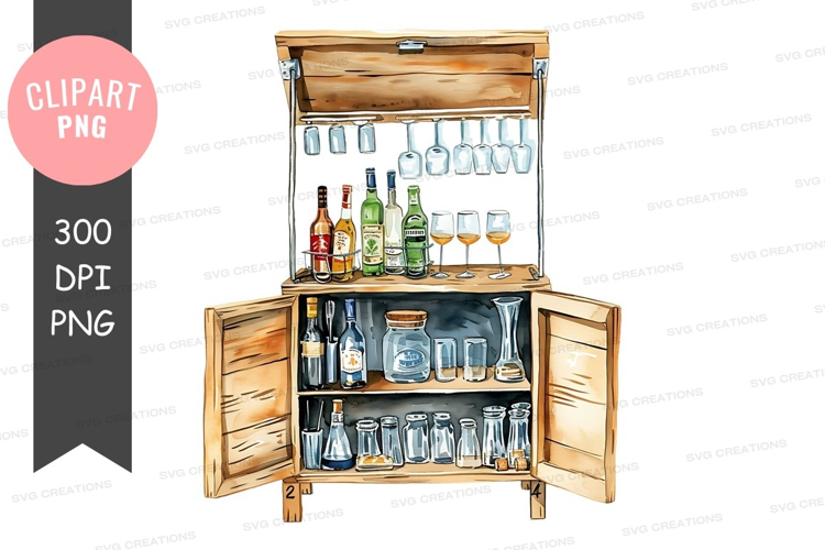 Wooden bar cabinet with various drinks and glassware