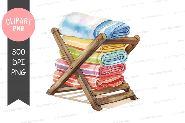Stack of colorful beach towels on wooden rack
