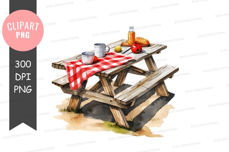 Picnic table with food and drinks
