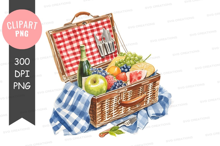 Picnic basket with fruits and drinks