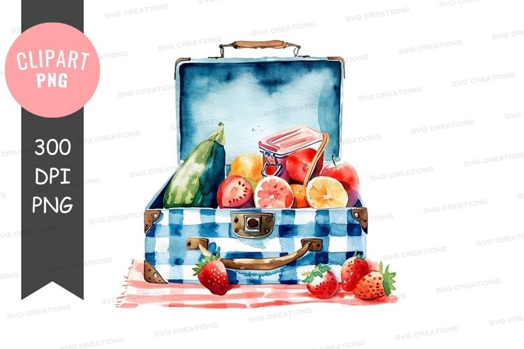 Watercolor picnic suitcase with fruits example image 1