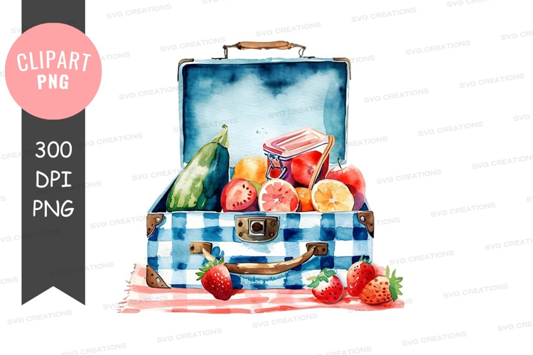 Watercolor picnic suitcase with fruits