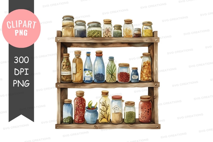 Wooden shelf with varied preserved foods