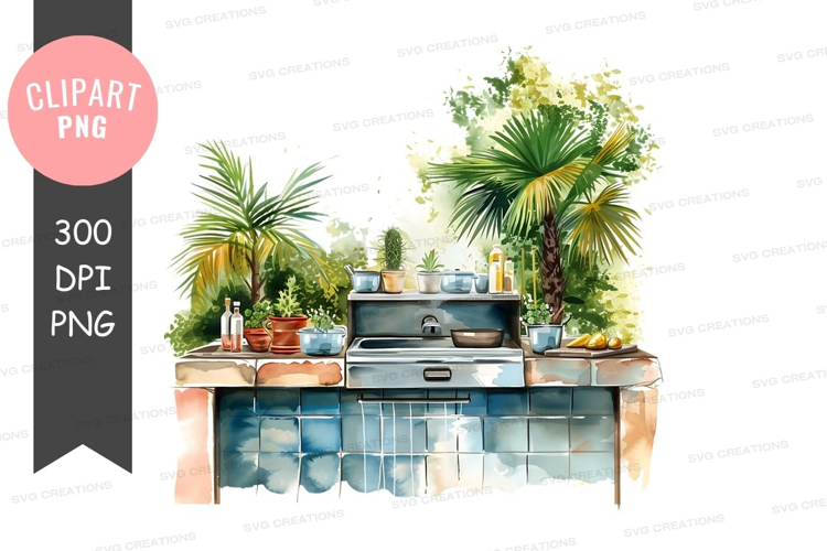 Outdoor kitchen with tropical plants