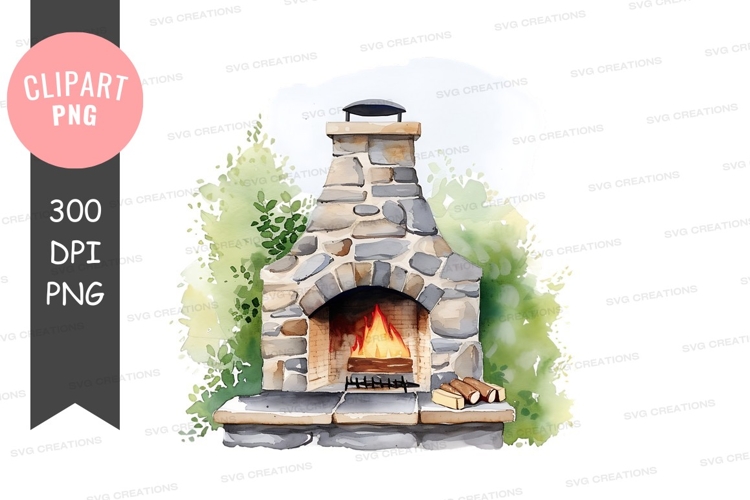 Stone outdoor fireplace with fire and logs
