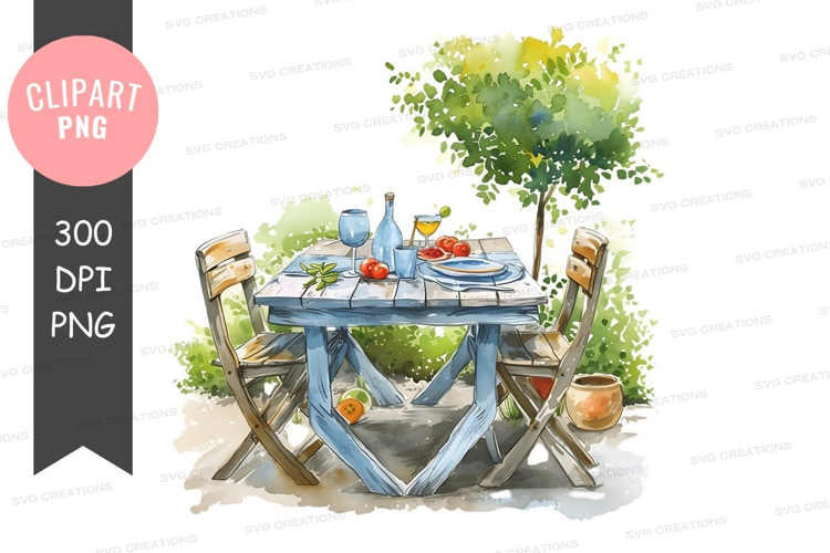 Outdoor picnic table with food and drinks