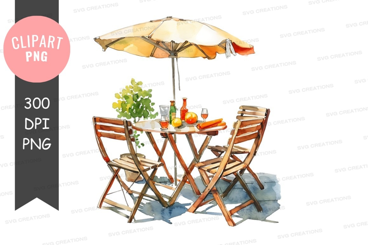 Outdoor dining setup with umbrella