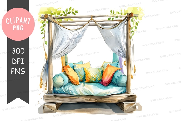 Cozy canopy bed with colorful pillows