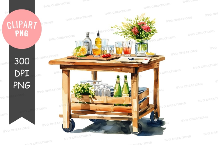 Wooden bar cart with drinks and decorations