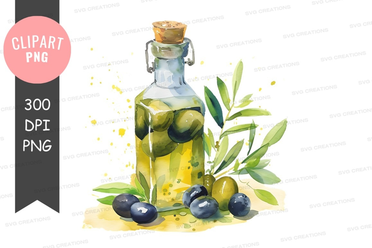 Olive oil bottle with olives and leaves