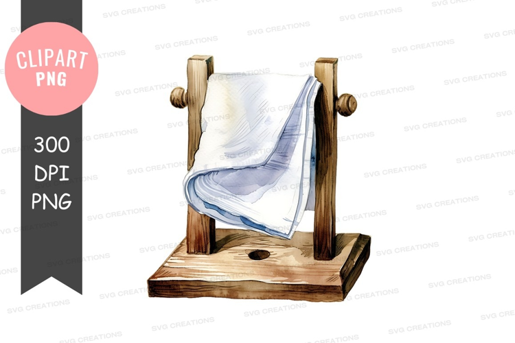 Wooden towel rack with blue and white towel