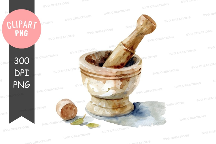 Wooden mortar and pestle with spices