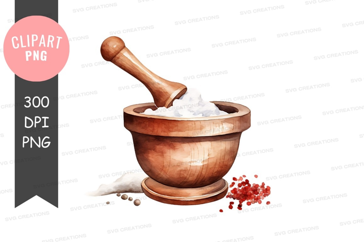 Wooden mortar and pestle with spices