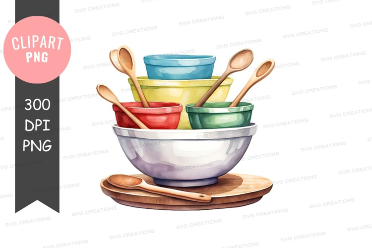 Colorful kitchen mixing bowls with wooden spoons