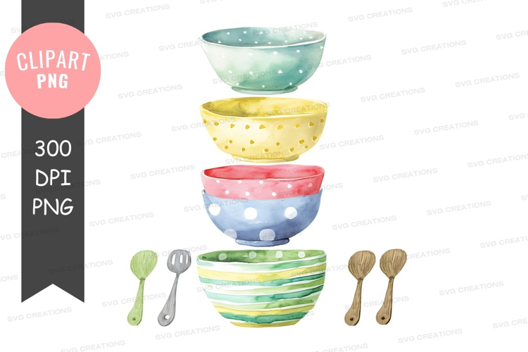 Stack of colorful polka dot bowls with utensils