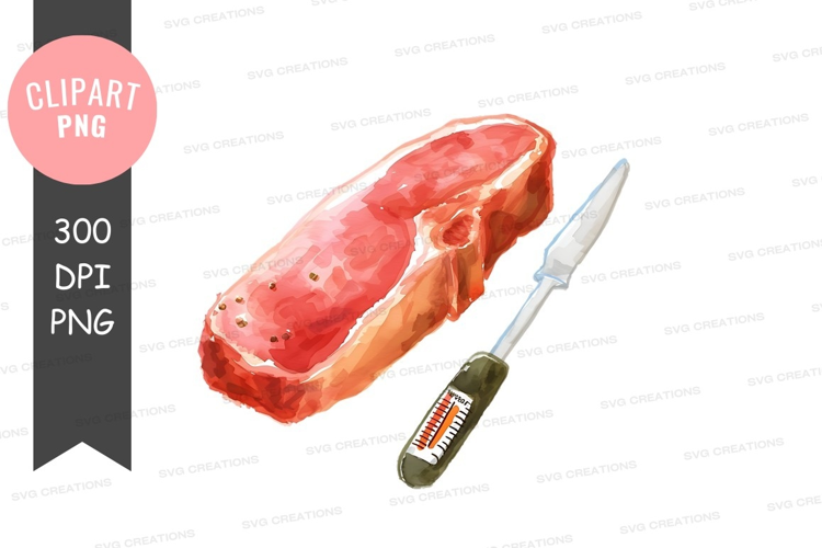 Raw steak with knife and thermometer