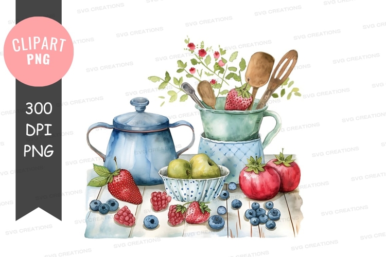Kitchen utensils and fresh fruits clipart png