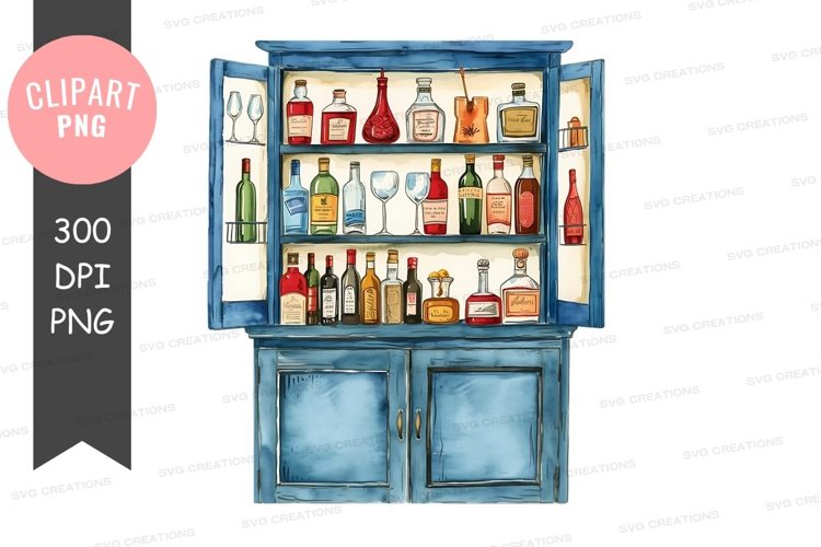 Home bar cabinet with various bottles and glasses