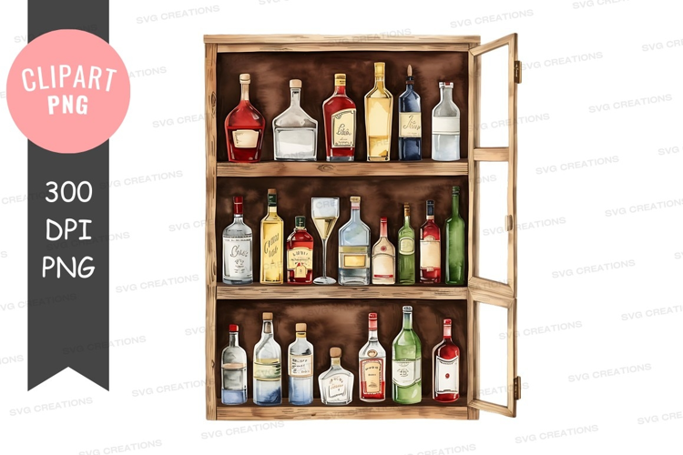 Home bar cabinet with various alcohol bottles