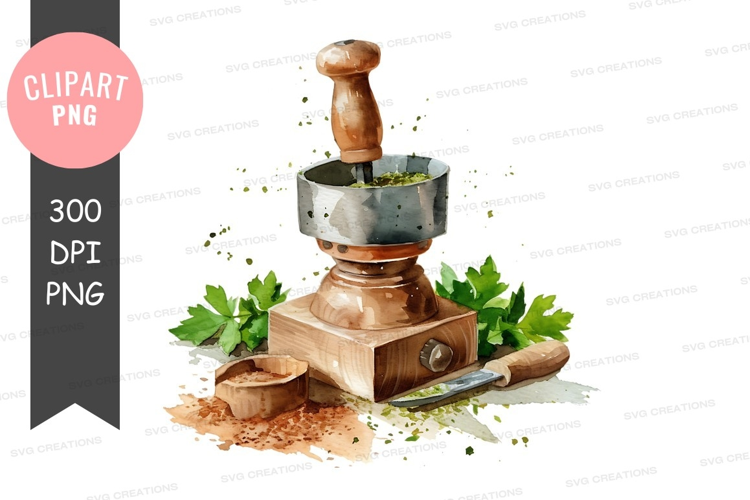 Traditional mortar and pestle with herbs