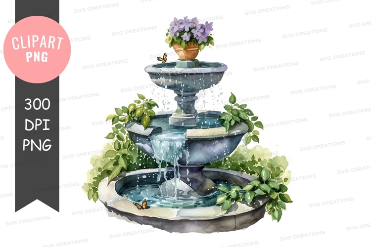 Three-tiered garden fountain with flowers and butterflies