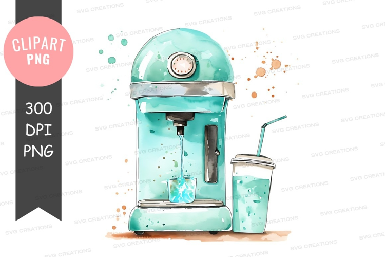 Turquoise coffee machine with beverage