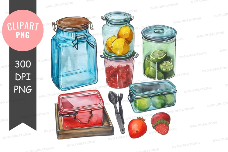 Assorted kitchen containers with fruits