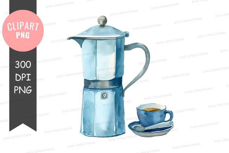 Blue moka pot and coffee cup