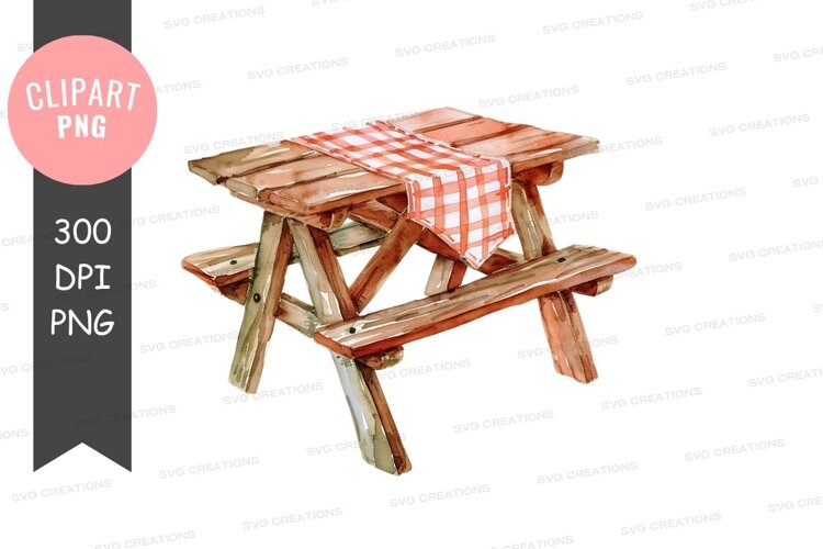 Wooden picnic table with checkered tablecloth example image 1