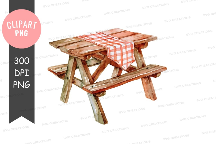 Wooden picnic table with checkered tablecloth