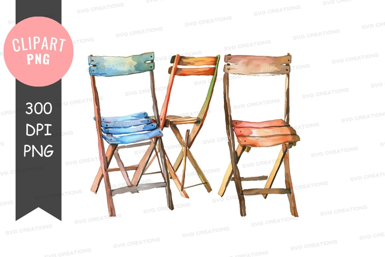 Three colorful folding chairs