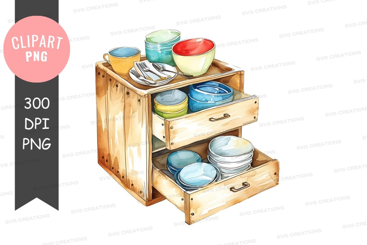 Wooden kitchen storage unit with colorful dishes