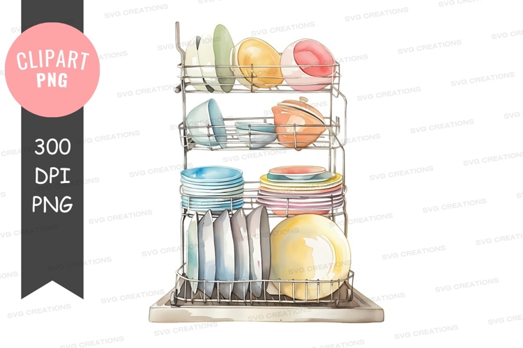 Kitchen dish rack with colorful dishes