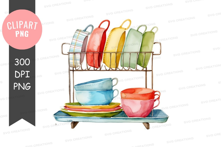 Colorful dish rack with cups and plates