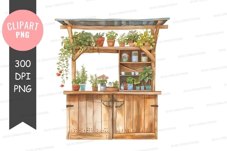 Wooden garden shed with potted plants