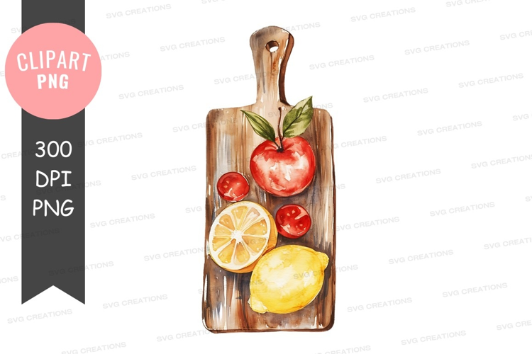 Wooden cutting board with fruits